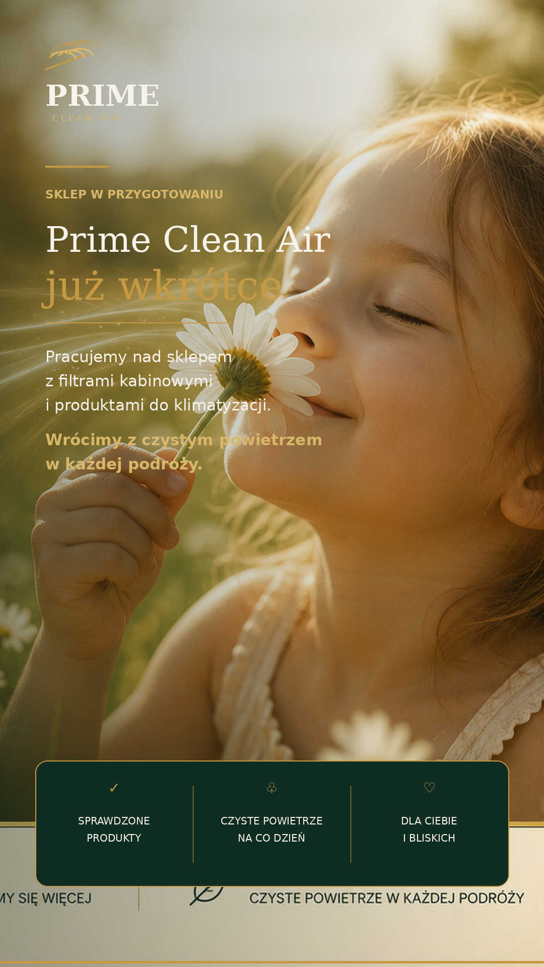 Plansza Prime Clean Air informująca, że sklep z filtrami kabinowymi i produktami do klimatyzacji jest w przygotowaniu