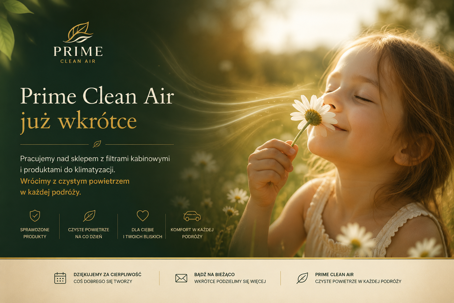 Plansza Prime Clean Air informująca, że sklep z filtrami kabinowymi i produktami do klimatyzacji jest w przygotowaniu